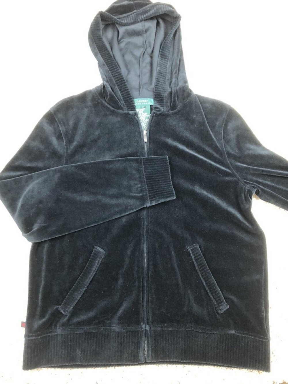 Lauren Ralph Lauren Womens Medium Black Full Zip Up Velour Knit Hooded Jacket